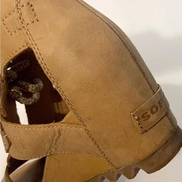 Sorel Joanie Camel Tan Leather Wedge Heel Sandals Casual Outdoor - Picture 11 of 15